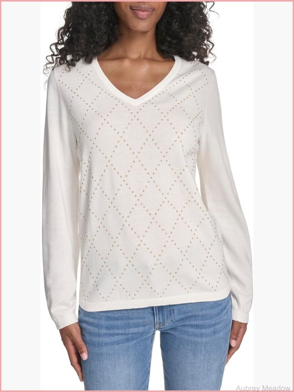 Long Sleeve V-Neck Hotfix Cotton Sweater Pullover